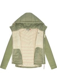 Groene hoodiejas met een gevoerde, crèmekleurige voering; heeft zijzakken en een zachte textuur. De buitenlaag is glad en mat.