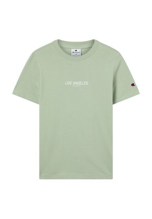 Hellgrünes Baumwoll-T-Shirt mit Rundhalsausschnitt, auf der Vorderseite mit "LOS ANGELES" und "CHAMPION" in Weiß bedruckt, mit kurzen Ärmeln.