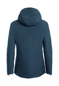 Giacca con cappuccio di colore blu navy con un tessuto liscio e resistente all'acqua. Presenta una forma dritta, maniche lunghe e un design minimalista.