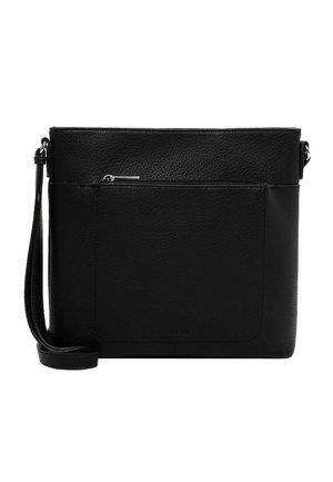 Black leather crossbody bag with front zipper pocket and adjustable strap, smooth texture, and subtle brand logo at bottom center.