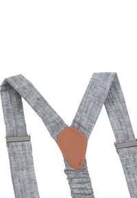 Graue Stoffträger mit strukturierter Oberfläche, ausgestattet mit Lederakzenten an den Clips und einem dreieckigen Lederpatch in der Mitte.