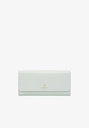 Mint green leather wallet with a textured finish, featuring a flap closure and gold logo on the front. Compact rectangular shape.