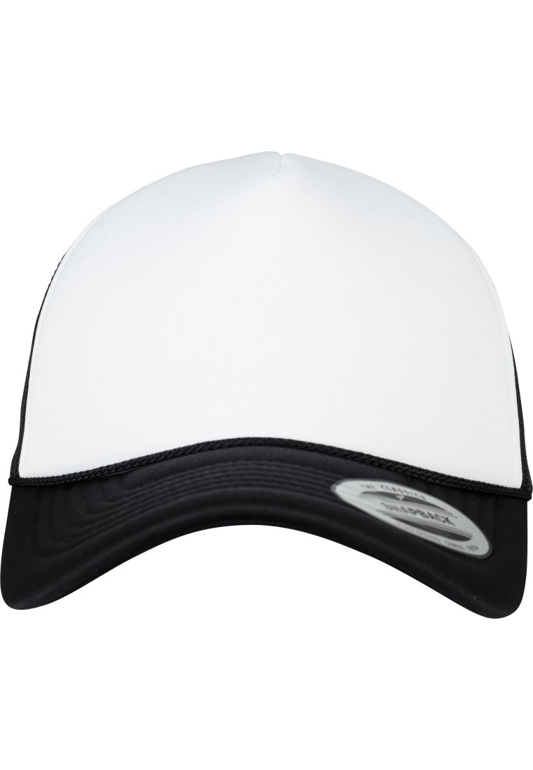 Fekete-fehér sapka strukturált kialakítással. Fehér elülső panel, fekete napellenző és állítható snapback zárás. Simább anyagú textúra.