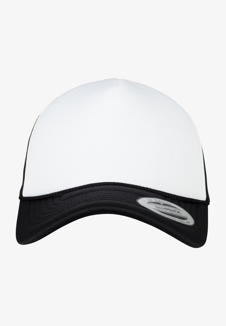 Fekete-fehér sapka strukturált kialakítással. Fehér elülső panel, fekete napellenző és állítható snapback zárás. Simább anyagú textúra.