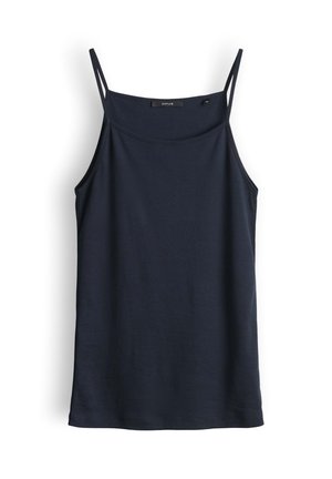 Navy blue sleeveless camisole with thin double shoulder straps, round neckline, and straight hem, laid flat on a white background.