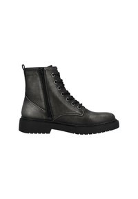 Botín negro hasta el tobillo hecho de cuero metálico, presenta un diseño de cordones con ojales, cremallera lateral y suela rugosa para tracción.