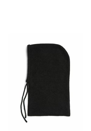 Balaclava negra de punto con dos lazos laterales, diseñada para cubrir la cabeza y el cuello.
