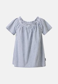 Blouse à manches courtes à rayures verticales bleues et blanches avec un col élastique froncé, présentée sur un fond clair uni.
