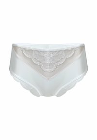 Białe koronkowe i satynowe majtki damskie z kwiatowym panelem koronkowym i falbaniastymi krawędziami. Posiadają gładki, półprzezroczysty design oraz plecy w kształcie litery V.