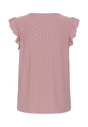 Roze mouwloos topje met ruches op de schouders en verticale oogjeskantpatronen over de hele stof.