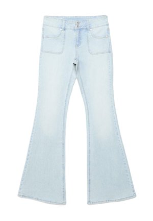 Jean en denim bleu clair avec une taille haute, deux poches avant, fermeture par bouton et jambes larges évasées.