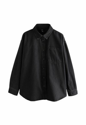 Black denim shirt with long sleeves, button-up front, collar, and single chest pocket. Features a relaxed fit and subtle texture.
