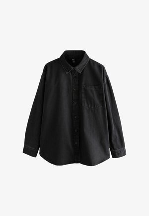Schwarzes Denim-Hemd mit langen Ärmeln, Knopfverschluss, Kragen und einer einzigen Brusttasche. Bietet einen lässigen Schnitt und eine subtile Textur.