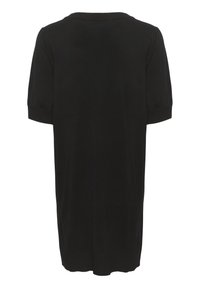 Indumento nero a maniche corte con una vestibilità comoda, scollatura rotonda e una texture liscia, caratterizzato da un orlo leggermente curvato sul retro.