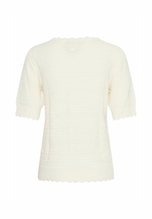 Cream-colored short-sleeve top with textured horizontal stripes and a scalloped neckline and sleeve edges.
