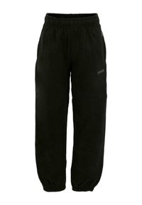 Zwarte fleece joggingsbroek met een elastische tailleband, taps toelopende enkels en een klein logo aan de zijkant. Zachte textuur met een casual design.