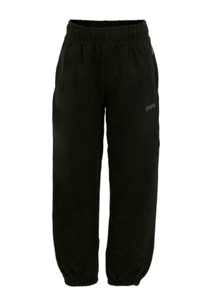 Pantaloni jogger neri in fleece con vita elastica, caviglie affusolate e un piccolo logo sul lato. Tessuto morbido con un design casual.