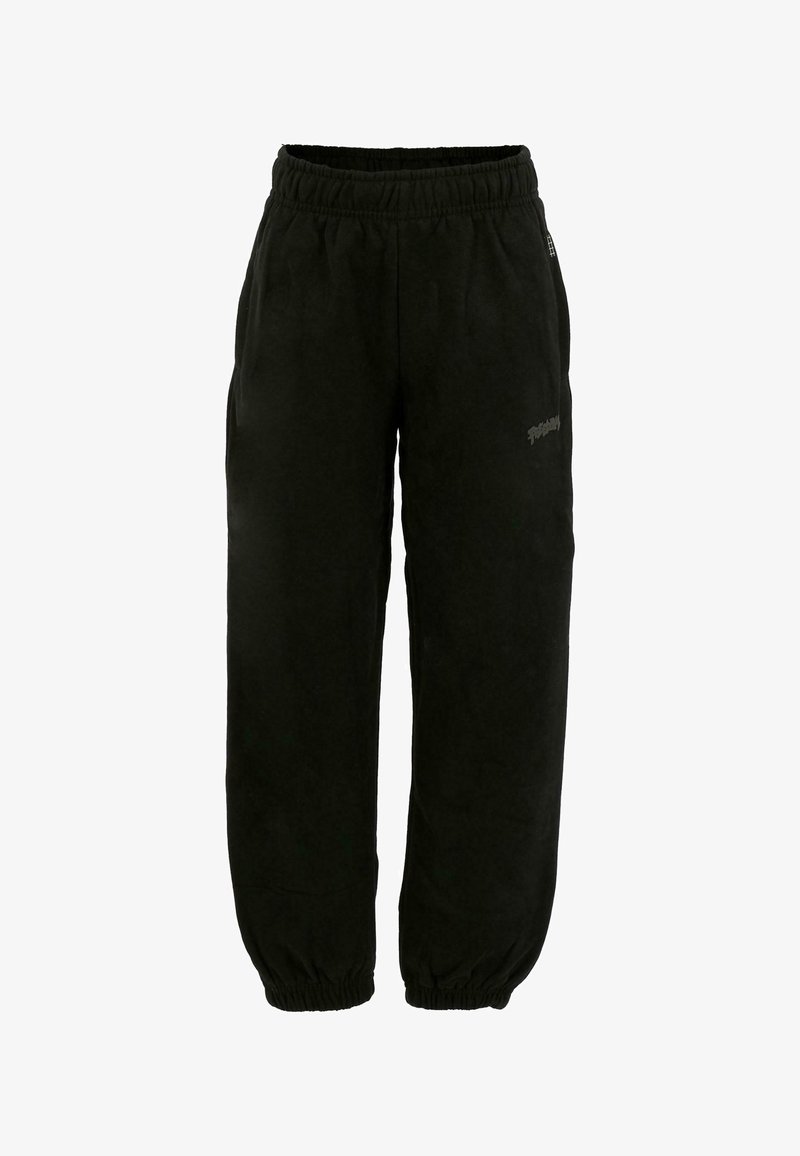 Czarne dresowe spodnie z polarowego materiału, z elastycznym paskiem w talii, zwężanymi nogawkami i małym logo z boku. Miękka tekstura z casualowym designem.