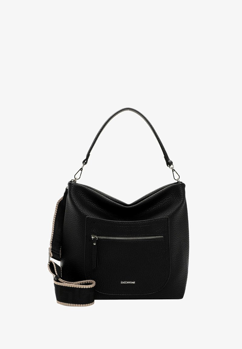 Sac à épaule en cuir noir au fini texturé, avec une poche zippée à l'avant et une bandoulière amovible avec un accent à motif.