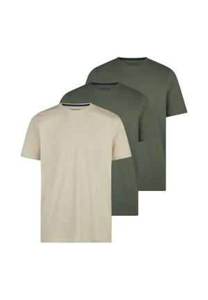 Drei schlichte T-Shirts mit Rundhalsausschnitt in Beige, Dunkelolivgrün und Olivgrün, überlappend auf einem weißen Hintergrund angeordnet.