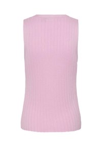 Top sin mangas de punto acanalado en rosa suave con cuello redondo alto y silueta ajustada.