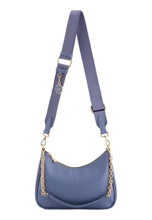 Blue shoulder bag with wide adjustable strap, gold chain detailing, zipper closure, and small round gold charm attached to the strap.