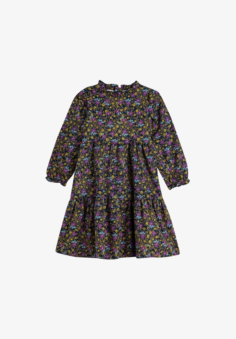 Robe à imprimé floral avec des manches longues, un col montant et une jupe froncée. Elle présente des fleurs violettes, bleues et jaunes sur un fond sombre.