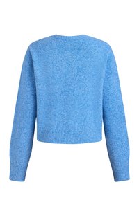 Korte trui van een lichtblauwe gebreide stof. Heeft lange mouwen, een ronde halslijn en ribgebreide manchetten met een zachte, textuurachtige afwerking.