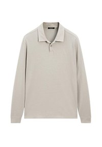 Lichtgrijze poloshirt met lange mouwen van katoen. Bevat een kraag, een twee knoopsluiting en subtiele gestikte schouderdetails.