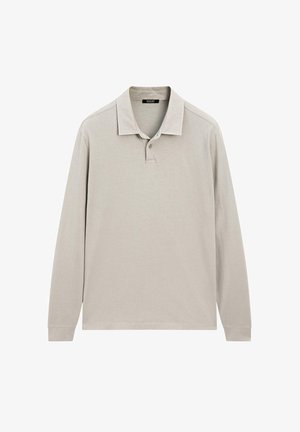 Light gray long-sleeve polo shirt made of cotton. Features a collar, two button placket, and subtle stitched shoulder details.