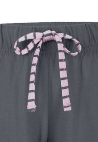 Dark gray elastic waistband with a tied pink and black striped fabric drawstring on a pair of pants or shorts.