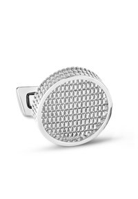 Silver round cufflink featuring a textured grid pattern, smooth edges, and a polished surface, secured with a metal clasp.