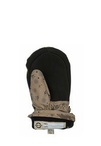 Manoplas de tamaño infantil con una parte superior oscura, palma texturizada beige con un patrón de estrella y brújula, puño elástico y una etiqueta en la base.