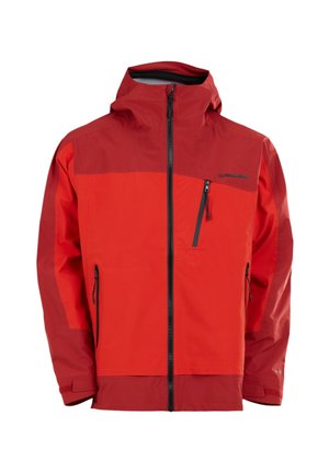 Červená voděodolná bunda s kontrastní tmavší červenou horní částí, plným předním zipem, nastavitelnou kapucí a dvěma bočními zipovými kapsami.