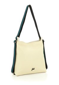 Borsa a tracolla in pelle color crema dal design spazioso, con tracolla regolabile a righe nere e turchesi e un logo discreto.