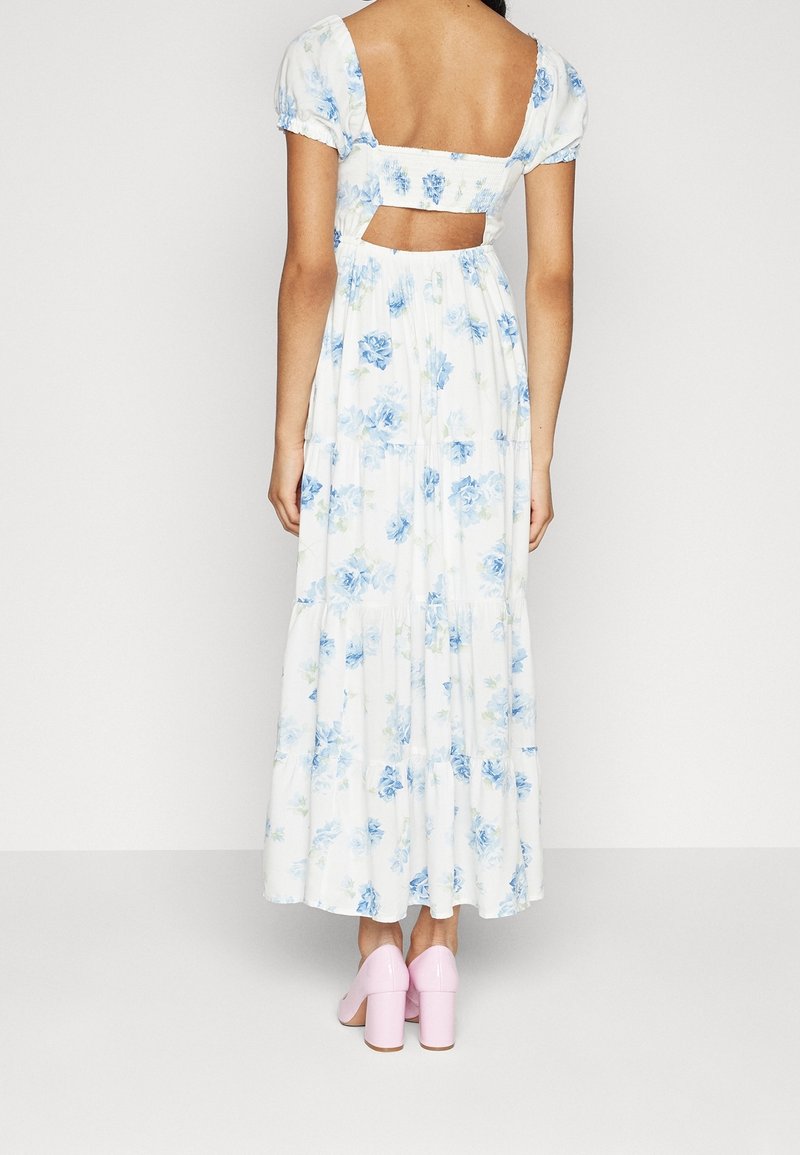 hollister white dress with blue flowers Hollister short sleeve waist detail midi dress in blue floral