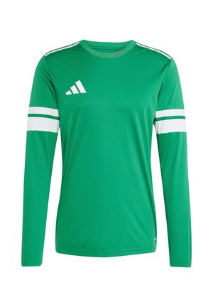 Langsleeve groene sportshirt met witte strepen op de mouwen en een ronde hals. Bevat het Adidas-logo in het wit op de bovenste linkerzijde.