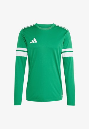 Langarmige grüne Sportshirt mit weißen Streifen an den Ärmeln und einem Rundhalsausschnitt. Mit Adidas-Logo in Weiß auf der oberen linken Seite.