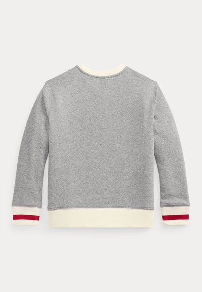 Γκρι φούτερ με κρεμ λεπτομέρειες, με μακριά μανίκια και ριμπ μανσέτες με κόκκινες ρίγες. Απαλή υφή, άνετη εφαρμογή και στρογγυλή λαιμόκοψη.