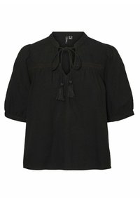Blusa nera con maniche corte a palloncino e scollatura annodabile. Presenta un pannello testurizzato con cuciture intricate e pon pon decorativi.