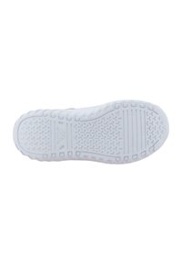 Semelle de chaussure en caoutchouc blanc avec un motif de grip texturé, présentant de petites formes triangulaires et rectangulaires ainsi qu'un design de logo central.