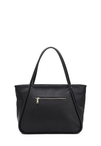 Borsa a mano in pelle nera con texture liscia, due manici lunghi e una tasca frontale con zip dotata di una piccola zip metallica.