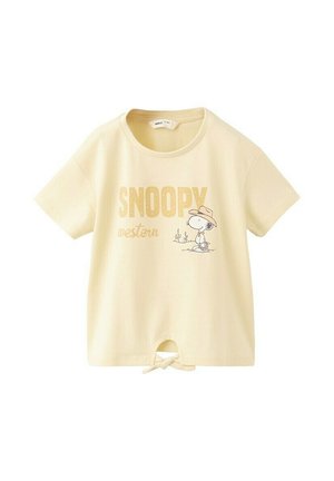 Kinder-T-Shirt in Cremefarbe mit dem Schriftzug „Snoopy Western“ und Snoopy mit Cowboyhut, Knoten-Detail unten in der Mitte.