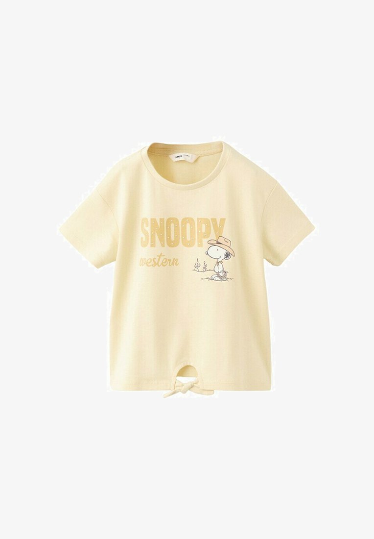 T-shirt crème pour tout-petit avec le texte « Snoopy Western » et Snoopy portant un chapeau de cow-boy, détail nœud noué au centre en bas.