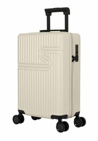 Harde koffer in roomkleur met verticale ribbels, zwarte handgreep en wielen. Voorzien van een combinatie-slot en ritssluiting.