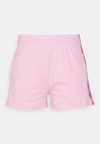 Pantalones cortos de algodón de color rosa claro con cintura elástica y franjas laterales de color rosa más oscuro sobre un fondo blanco.