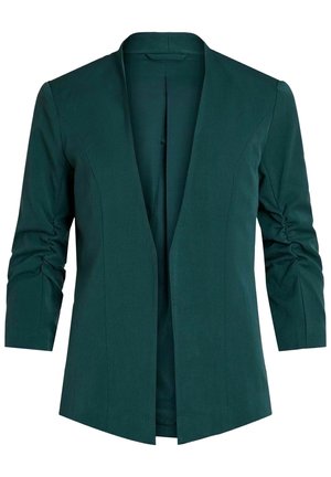 Blazer vert foncé à ouverture frontale, manches trois-quarts froncées et sans fermetures visibles.