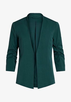 Donkergroene blazer met open voorkant, driekwart gerimpelde mouwen en geen zichtbare sluitingen.