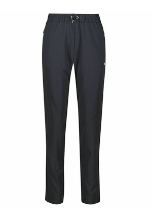 Pantalons de yoga noirs en tissu extensible avec une taille élastique et un cordon de serrage, des jambes fuselées et des poches latérales pour une touche pratique. Texture lisse.