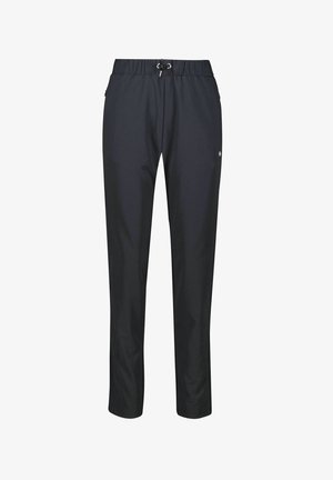 Pantalons de yoga noirs en tissu extensible avec une taille élastique et un cordon de serrage, des jambes fuselées et des poches latérales pour une touche pratique. Texture lisse.